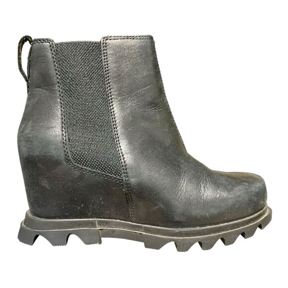 Sorel Joan of Arctic Wedge III Chelsea Boots 6 Black Leather Lug Sole - Picture 1 of 8